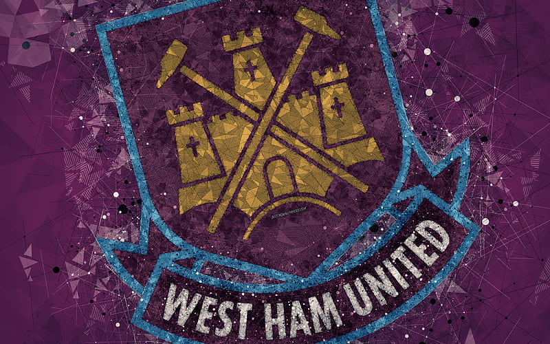 West Ham United FC logo, geometric art, English football club, creative emblem, purple abstract background, Premier League, London, UK, football, HD wallpaper