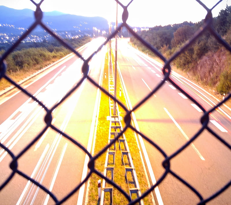 Traffic way, carros, hedge, highway, lights, night, road, HD wallpaper