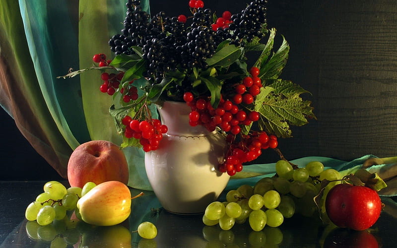 Fruit and Grapes Still Life, life, apples, still, vase, abstract, fruit, grapes, pears, bunch, HD wallpaper
