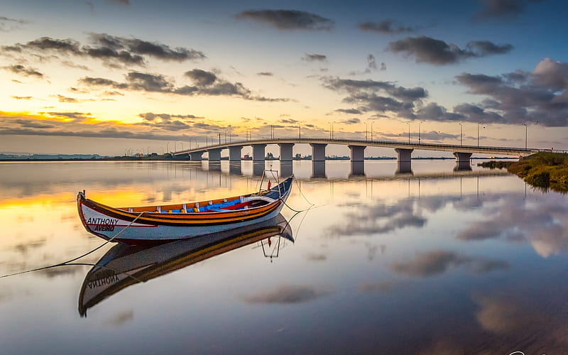 Aveiro Lagoon in Portugal, boat, bridge, Portugal, lagoon, calm, reflection, HD wallpaper