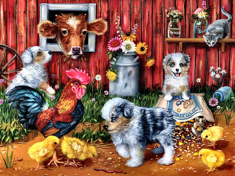 Feeding Frenzy F, rooster, art, grain, milk can, bonito, pets, artwork, canine, animal, feline, painting, wide screen, chicks, cats, dogs, cows, HD wallpaper