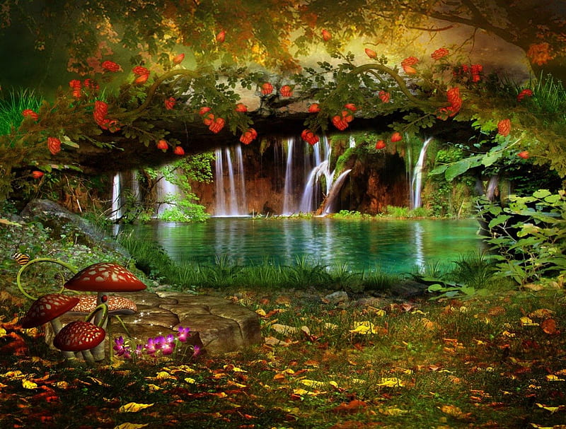 Fantasy waterfall, fall, pretty, fairytale, bonito, leaves, nice, fantasy, waterfall, reflection, enchanted, forest, lovely, emerald, trees, water, paradise, nature, mushrooms, HD wallpaper
