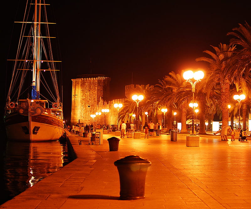 Trogir, croatia, marina, night, summer, travel, HD wallpaper
