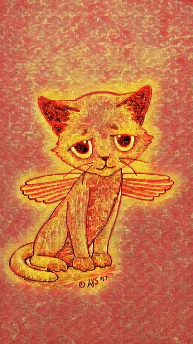 Winged Kitty -art, angel, anime, art, big eyes, bright, cartoon, cat, colorful, cute, drawn, feline, fun, magic, magical, neon, orange, red, winged cat, wings, HD phone wallpaper