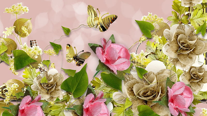 Summer Engagement, art, butterflies, spring, sweet peas, ribbons, gold, summer, flowers, paper, pink, Firefox Persona theme, HD wallpaper