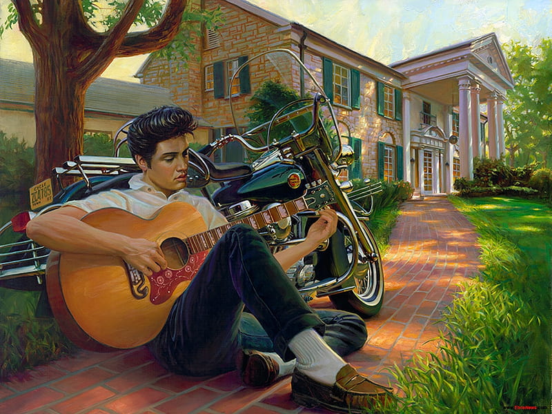 Elvis Presley, man, pictura, singer, actor, art, motorcycle, instrument, guitar, painting, bike, vintage, HD wallpaper