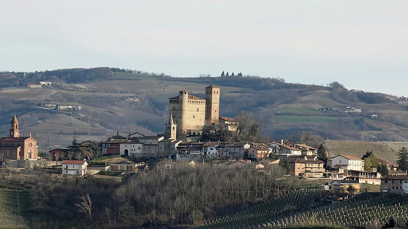 castle in the langhe piemonte region of italy, vineyard, hills, castle, town, HD wallpaper