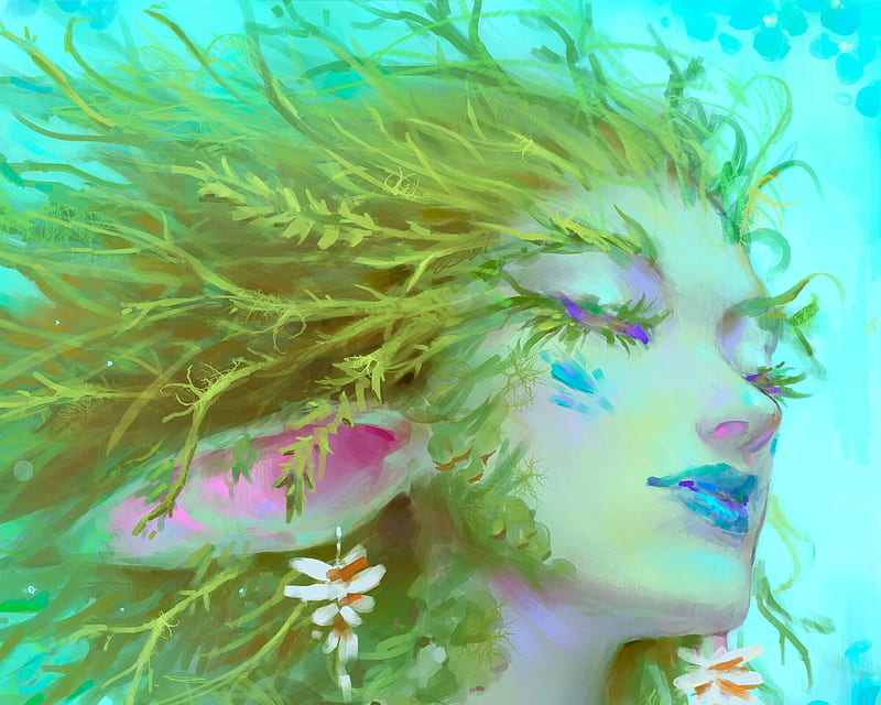 Lichen, face, art, frumusete, luminos, fantasy, girl, green, felipe castro, pink, blue, HD wallpaper