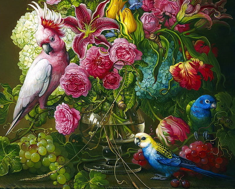 Still life with parrots, pasari, flower, parrot, pink, art, still life, grapes, fruit, green, yana movchan, bird, HD wallpaper