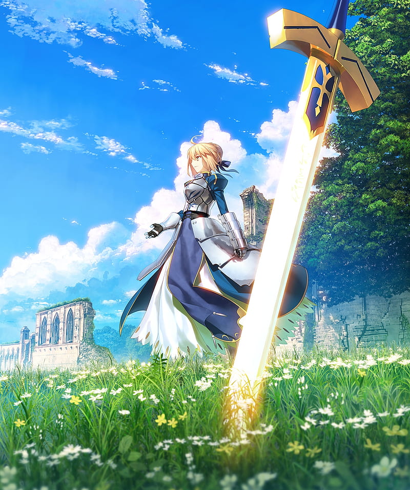 Saber Fate Stay Night Sword Grass Flowers Clouds Blonde Armor Anime Hd Phone Wallpaper Peakpx
