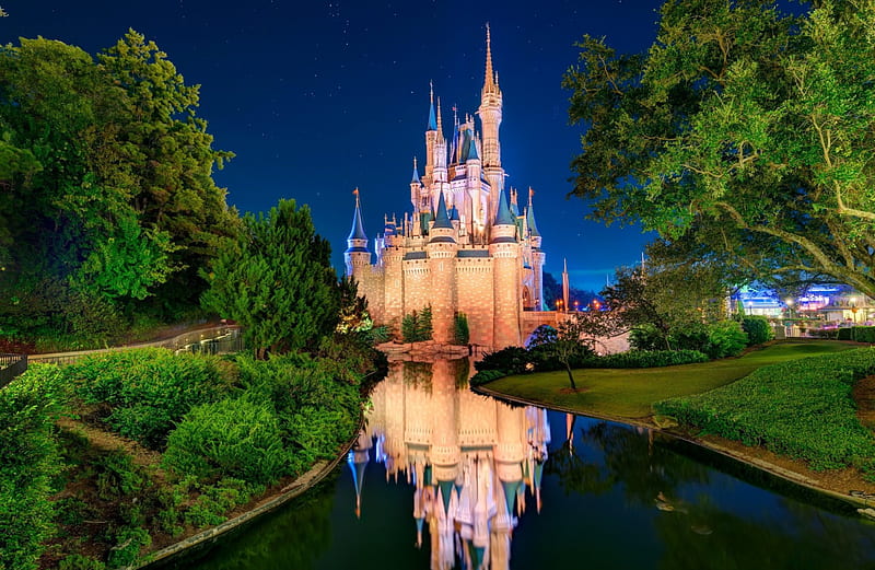 Disney world, Cinderella castle, Cinderella, world, Disney, grass, children, fairytale, bonito, magic, fantasy, evening, reflection, stars, lovely, greenery, fun, park, sky, trees, entertainment, summer, castle, HD wallpaper