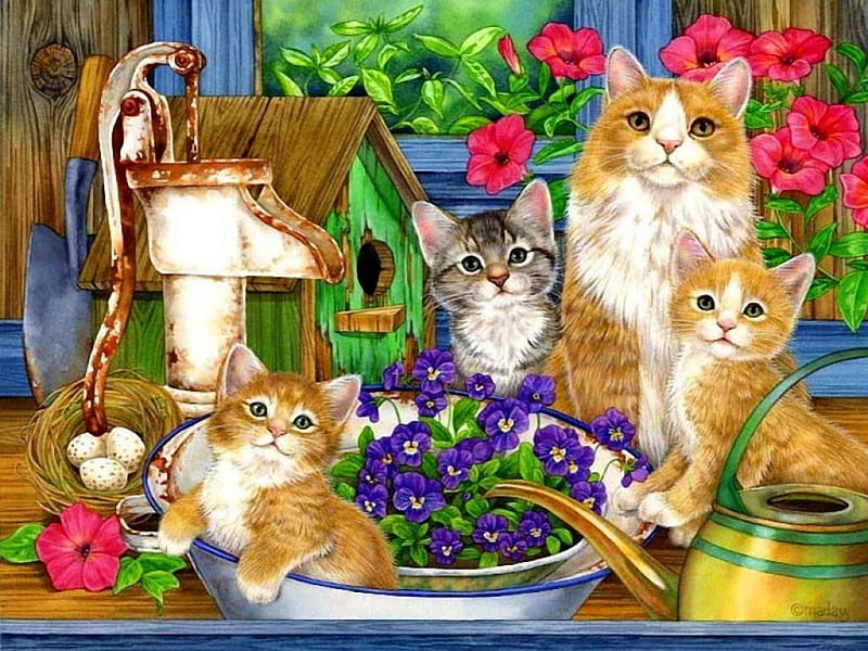 Cats family, pretty, family, colorful, house, children, home, pot, bonito, adorable, mother, sweet, teapot, painting, flowers, kitties, room, playing, art, lovely, window, view, kittens, spring, pets, cute, plants, plate, cats, HD wallpaper