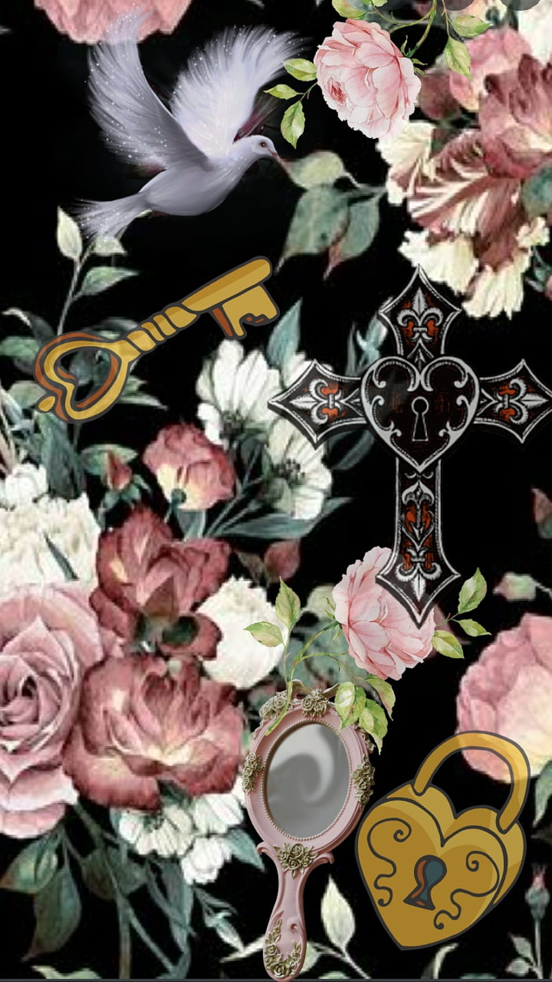 Magical Garden, cross, dove, flowers, key, locket, mirror, victorian, HD phone wallpaper