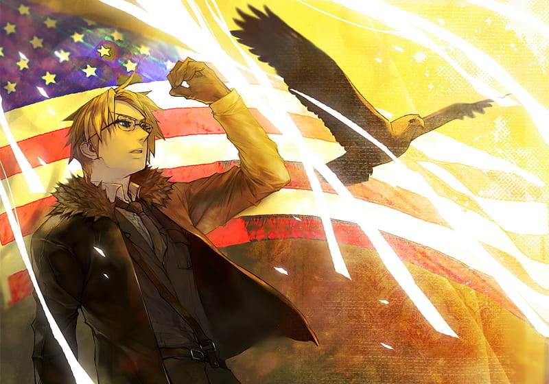 Liberty, male, USA aph, guy, american flag, glasses, eagle, manga, APH, yellow, flag, boy, bird, Hetalia, anime, ahoge, Hetalia Axis Powers, HD wallpaper