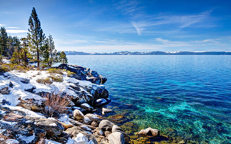 Lake Tahoe mountain lake, winter, coast, Emerald Bay State Park, USA, California, HD wallpaper