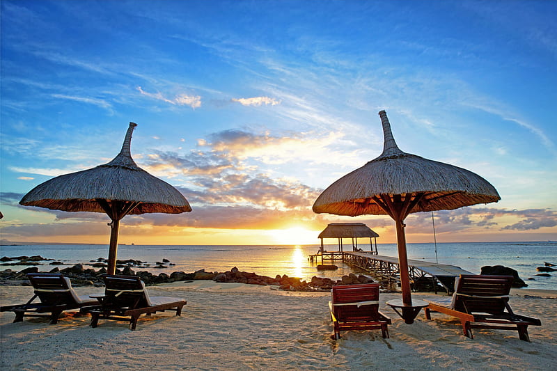 Mauritius Sunset, beach, indian ocean, sand, paradise, relax, sunset, tropical, sea, HD wallpaper