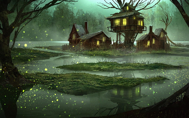 Houses in the swamp, forest, house, luminos, halloween, swamp