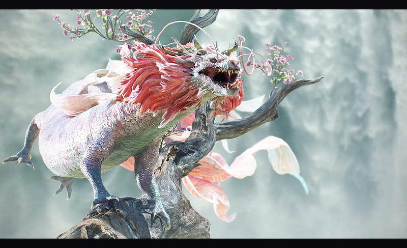 Dragon, pink, yuuki morita, tree, fantasy, luminos, HD wallpaper