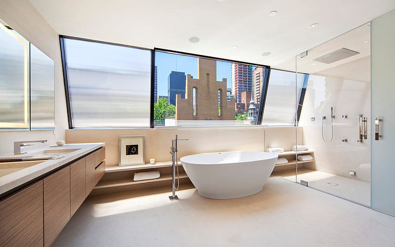 stylish bathroom interior, modern interior design, bathroom with large windows, stylish interior, HD wallpaper