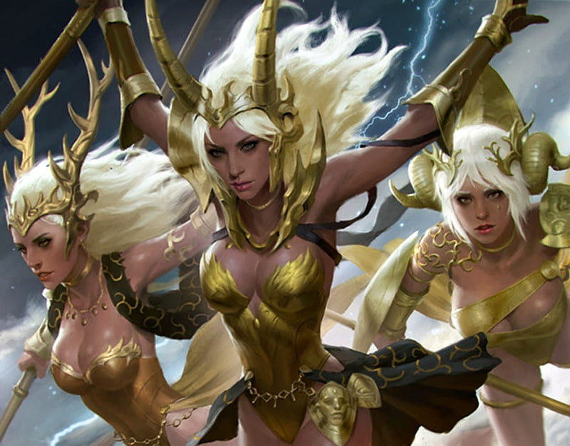 Three Goddesses, art, luminos, golden, legend of the cryptids, game, godess, horns, fantasy, girl, kilart, HD wallpaper