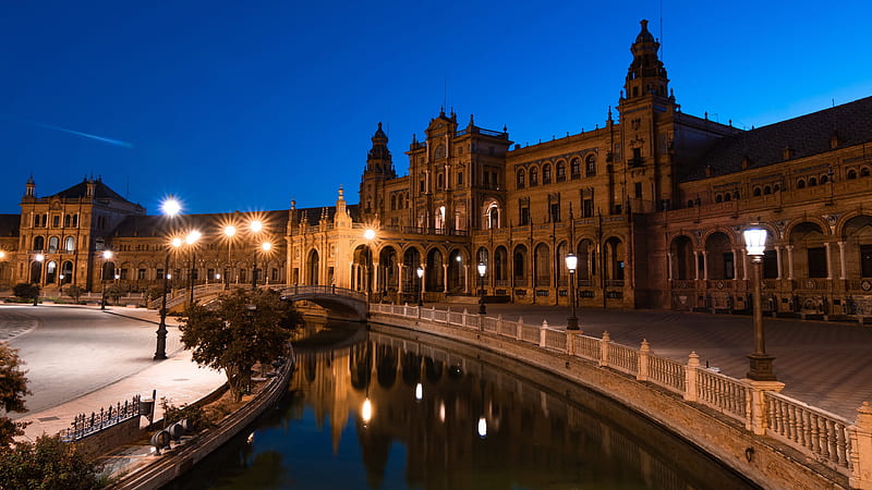 Lighting Buildings With Reflection On Pond Seville Andalusia Plaza de España Travel, HD wallpaper