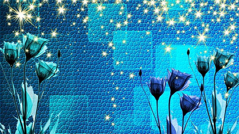 Night Blue Sky, blue flowers, stars, night sky, xray flowers, vibrant blue, x ray, squares, textures, stars in sky, magical garden, falling stars, vibrant, magical, blue sky, night, blue, teal, HD wallpaper