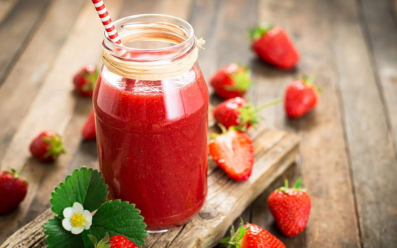 strawberry smoothie, fruit smoothie, strawberry, red smoothie, healthy food, smoothie, HD wallpaper