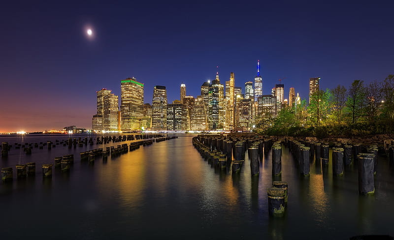 New York, Skyline, Skyscrapers, Night, Reflection, United States, City 