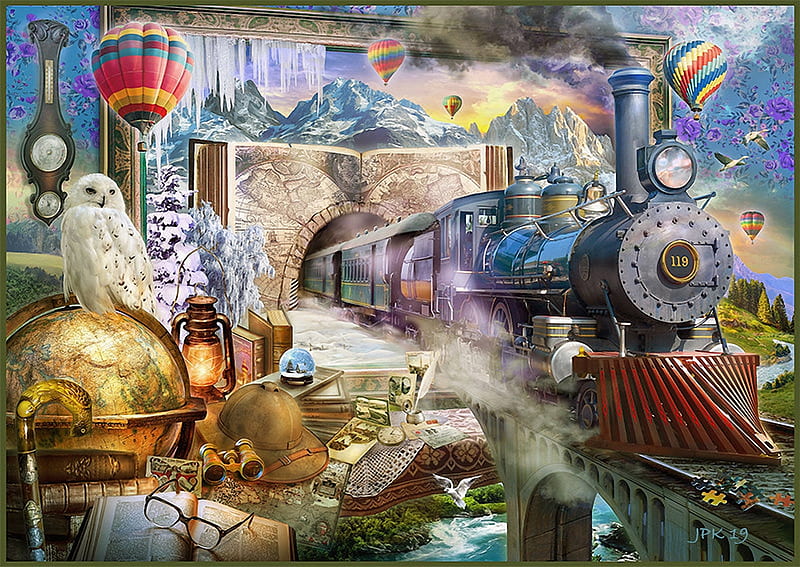 Traveling, balloons, book, glasses, steam, tunnel, hat, art, owl, train, mountains, digital, HD wallpaper