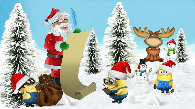 Christmas Minions by MaDonna, Christmas, moose, Feliz Navidad, Despicable Me, Santa, tree, minions, snow, list, reindeer, HD wallpaper