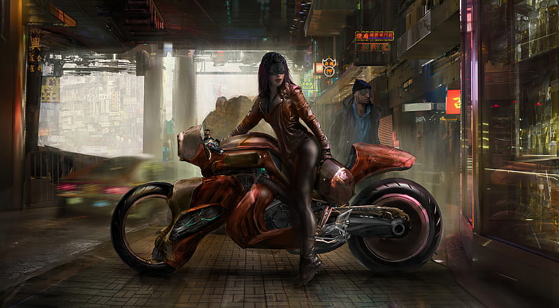 Download 1920 X 1080 Gaming Cyberpunk Woman With Motorcycle Wallpaper