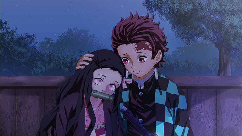 Demon Slayer Nezuko Kamado Tanjirou Kamado Wearing Blue And Black Checked Dress Standing In Front Of Wall With Background Of Trees Sky And Stars Anime, HD wallpaper