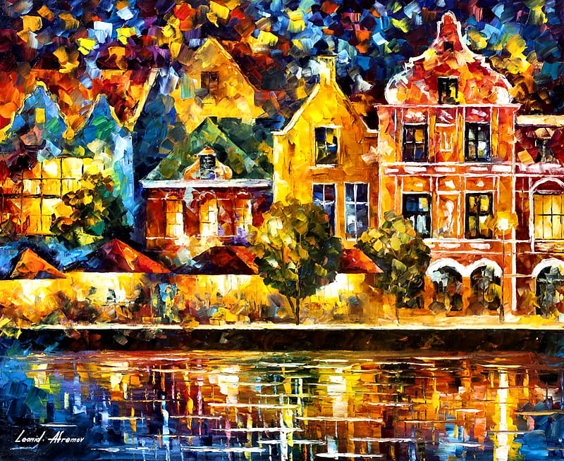 Amsterdam of my Dreams, architecture, art, Netherlands, cityscape, bonito, Amsterdam, artwork, stores, Afremov, water, Holland, painting, shops, wide screen, river, scenery, HD wallpaper