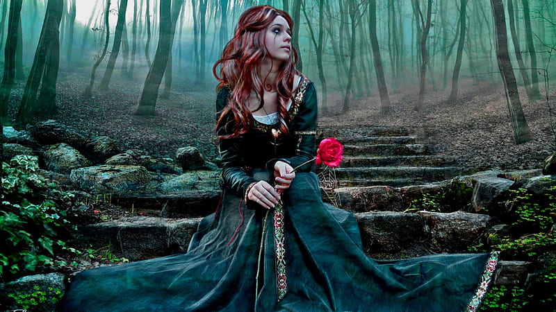 Forever Waiting, 1920x1080, rose, redhead, magic, women, emo, fantasy, gothic, dark, flower, HD wallpaper