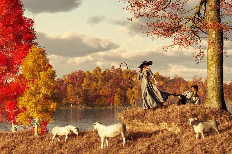 Autumn Pastoral, Fall, forest, scenic, seasons, lovers, sheep, fantasty, people, digital, Little Bo Peep, Autumn, HD wallpaper