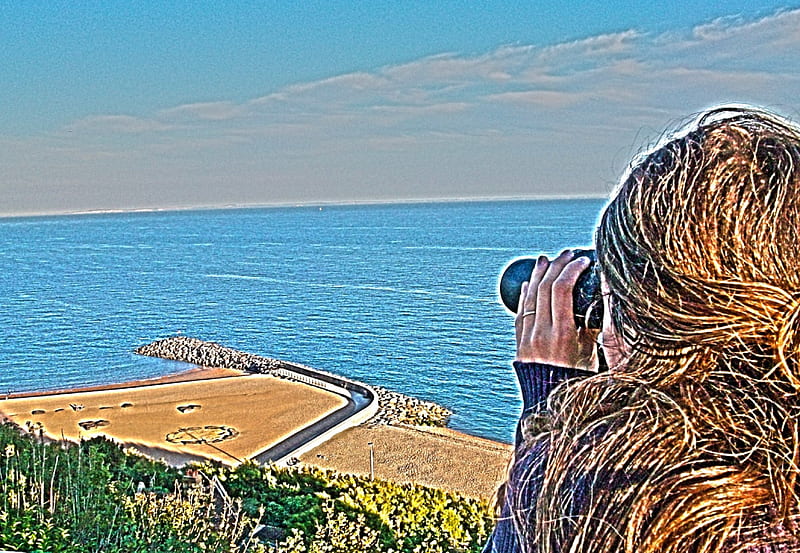 The girl with the binoculars, binoculars, girl, sea, blue, HD wallpaper