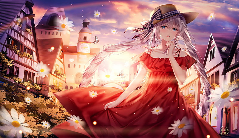 marie antoinette, fate grand order, red dress, sunset, butterfly, white hair, Anime, HD wallpaper
