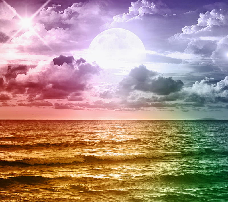 Moonlight, colors, fantasy, landscape, moon, ocean, planets, rainbow, sea, HD wallpaper
