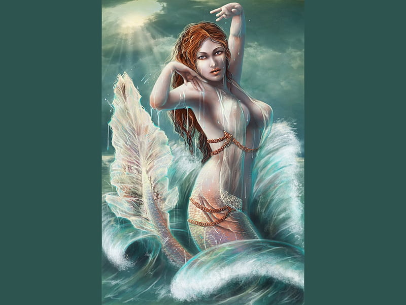 Mermaid in green, art, sea foam, redhead, tail, mermaid, fine art, abstract, woman, sexy, wave, fantasy, girl, green, beauty, HD wallpaper