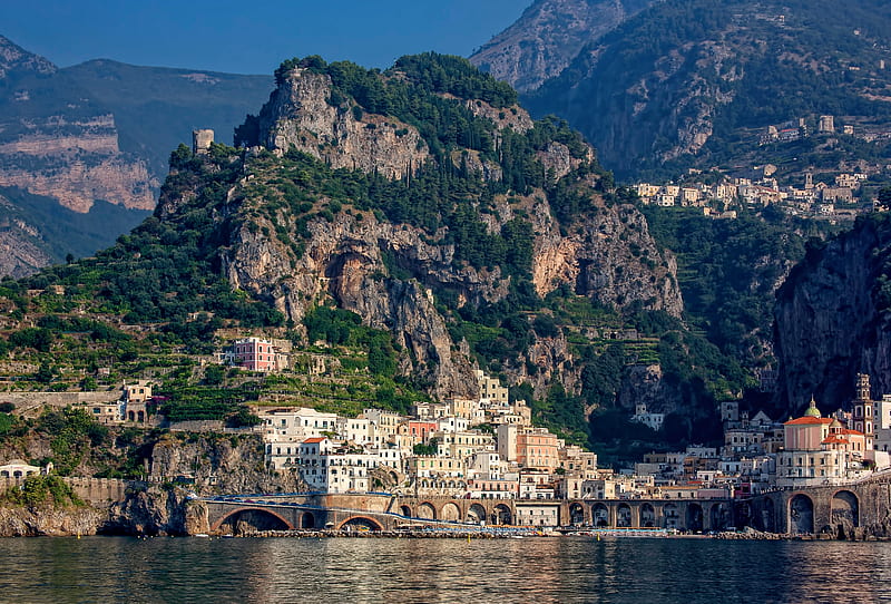 cliffs, city, bay, buildings, amalfi, italy, HD wallpaper
