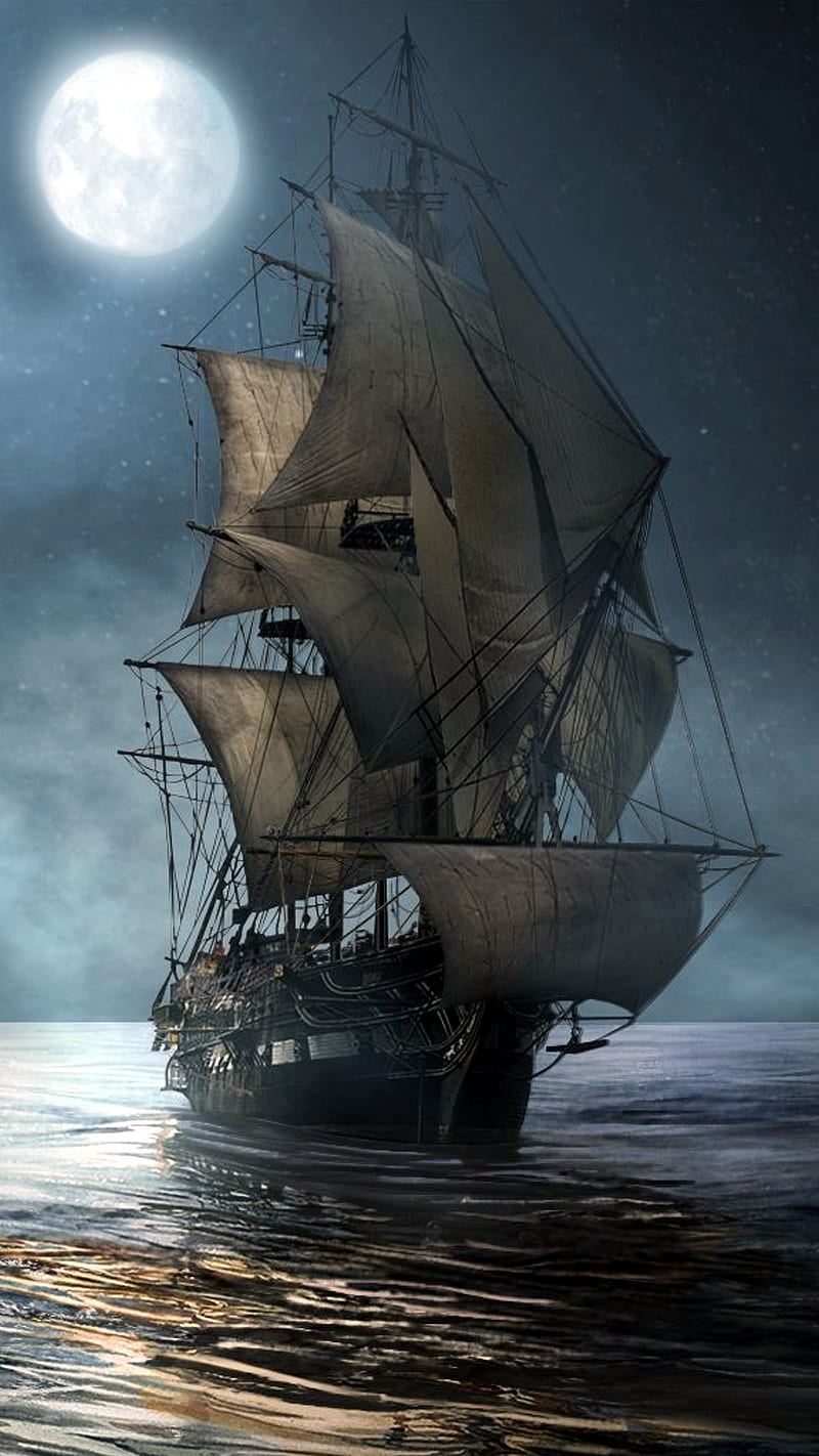 ship sail, moon, sea, voile, HD phone wallpaper