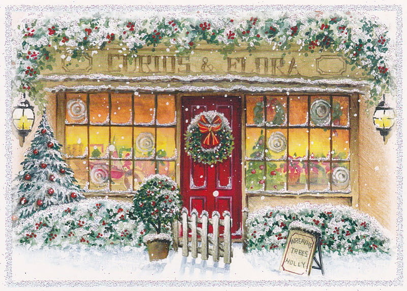 Christmas Shop, shop, wreath, christmas tree, christmas, snow, holly, lights, HD wallpaper