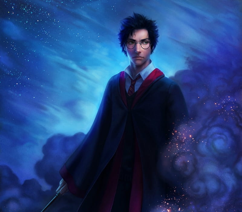 Harry Potter, fanart, art, luminos, guy, man, wizard, boy, fantasy, blue, HD wallpaper