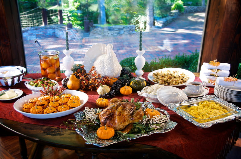Thanksgiving, meal, dinner, giving, thanks, spread, turkey, feast, dressing, HD wallpaper
