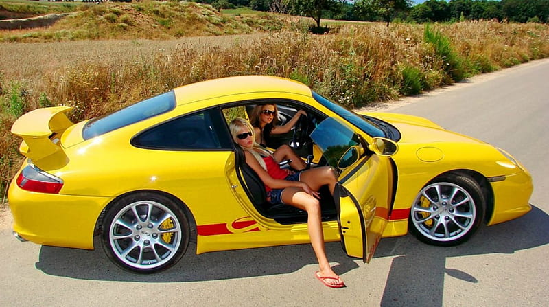 Porsche Girls, Yellow, Red Stripe, Models, Sexy, HD wallpaper