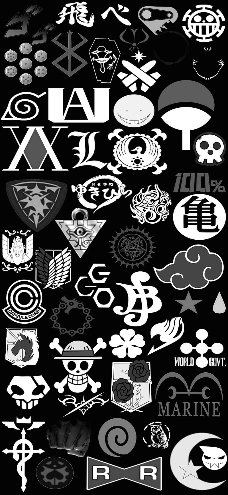 Manga symbols, anime, black, hxh, logos, manga, naruto, one piece, symbols, white, HD phone wallpaper