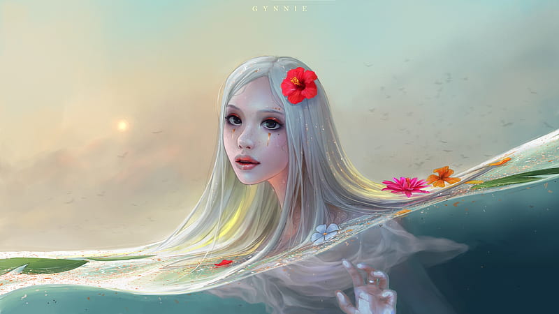 Mermaid, red, frumusete, luminos, hibiscus, gynnie jessi, vara, water, fantasy, girl, flower, summer, siren, white, blue, HD wallpaper