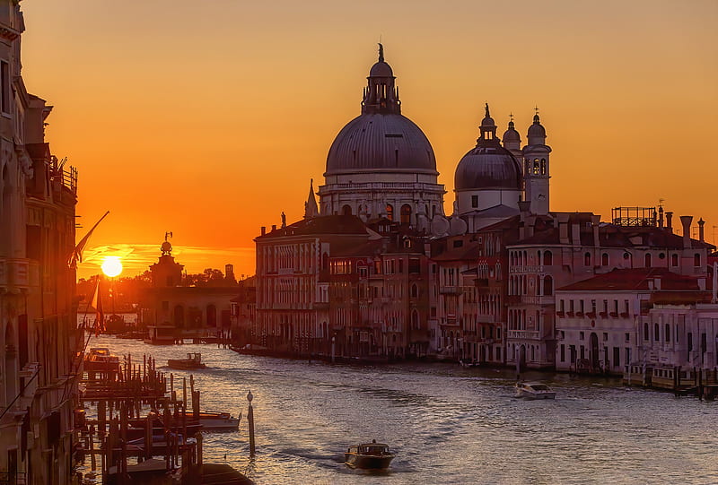 Cathedrals, Cathedral Santa Maria della Salute, Architecture, Canal, City, Italy, Sunrise, Venice, HD wallpaper