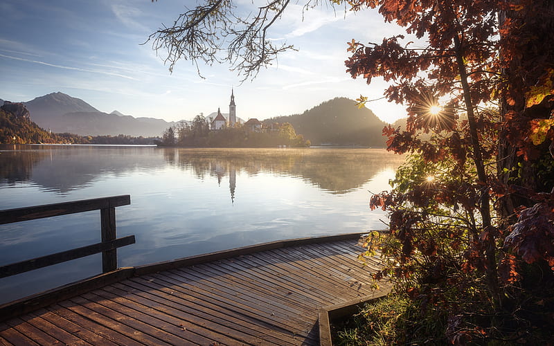 Lake Bled, morning, dawn, church on the lake, landmark, Slovenia, Julian Alps, Upper Carniolan, HD wallpaper