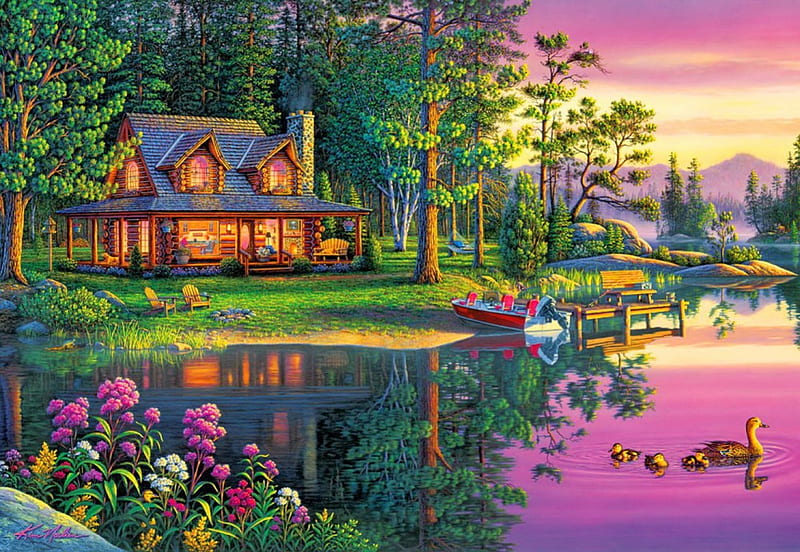 Lakeside retreat, pretty, colorful, house, shore, grass, cottage, retreat, ducks, bonito, countryside, nice, boat, painting, flowers, reflection, art, amazing, rest, forest, lovely, relax, sky, lake, tree, lakeside, HD wallpaper